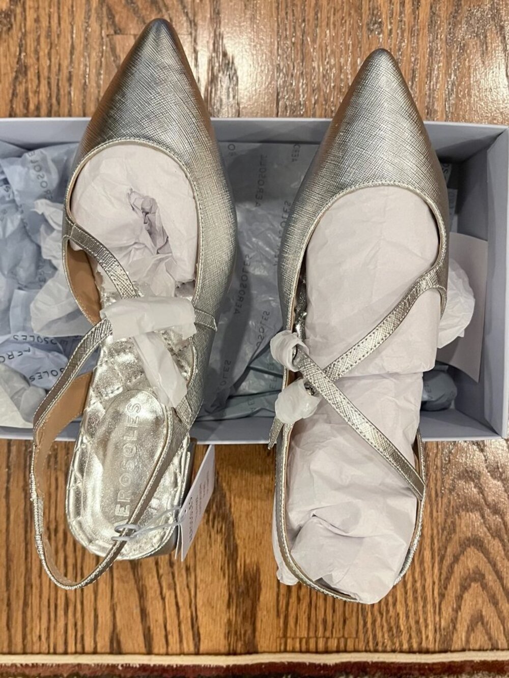 NWT Aerosoles Napoli Silver Metallic Slingback Pointed Toe Flats Size 9M